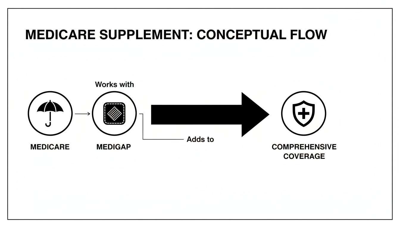 A conceptual flow diagram shows Medicare working with Medigap for comprehensive coverage.